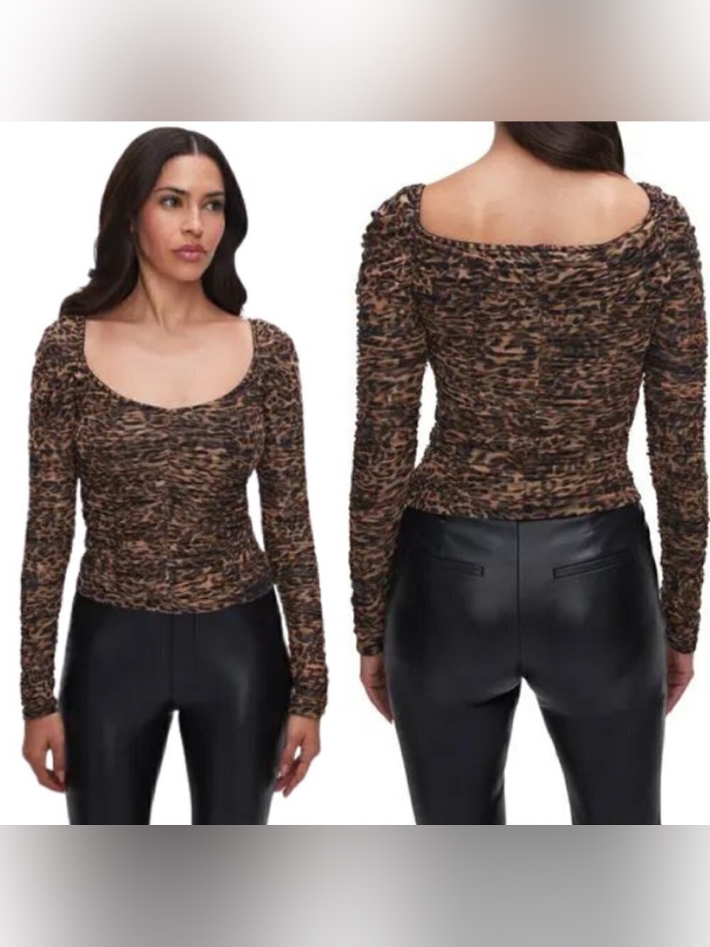 Good American Rouches Leopard Cheetah Top Long Sleeve Evening Size 3X Ruffled - Picture 6 of 6